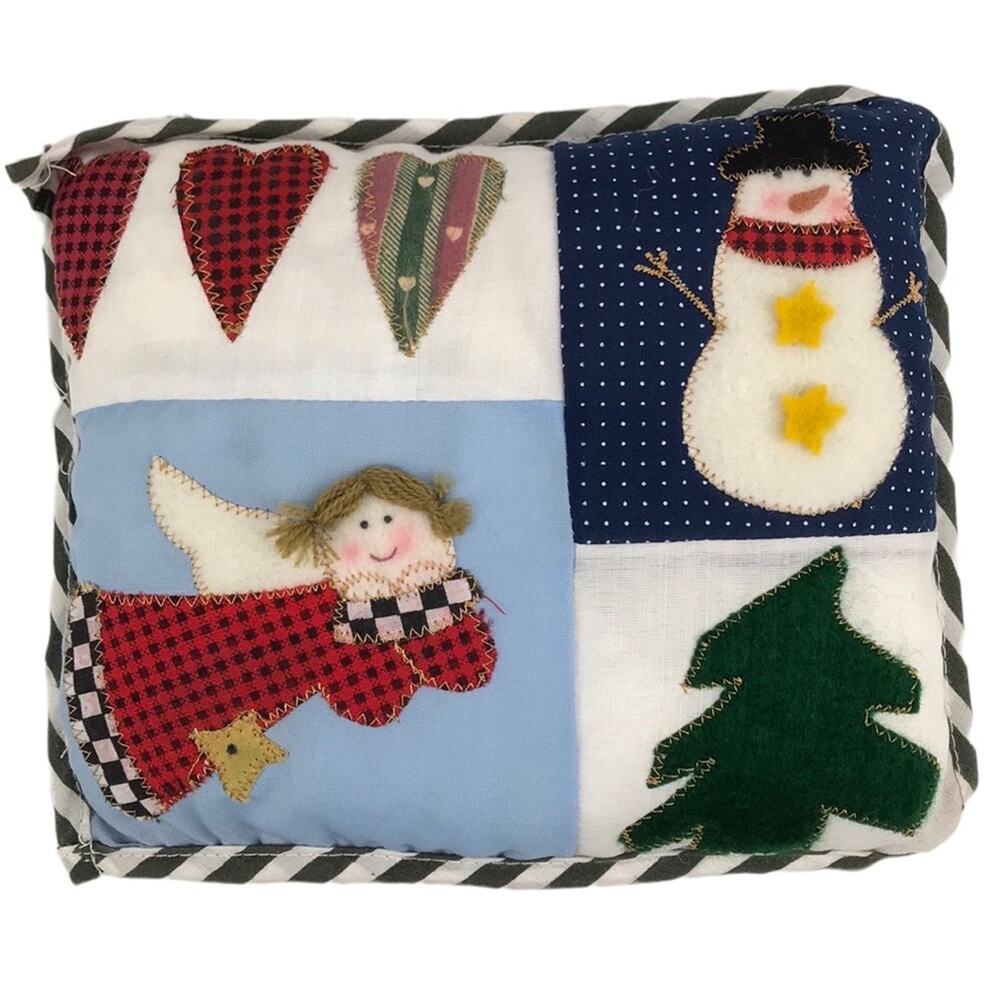 Vintage Christmas Small Patchwork Pillow Snowman Angel Tree Hearts 8''x6.5''